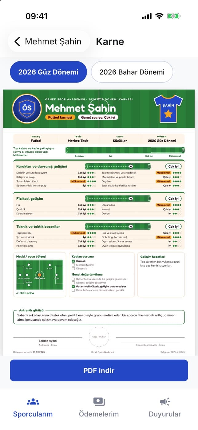 Akademio parent app: a football report card with skills and coach comments