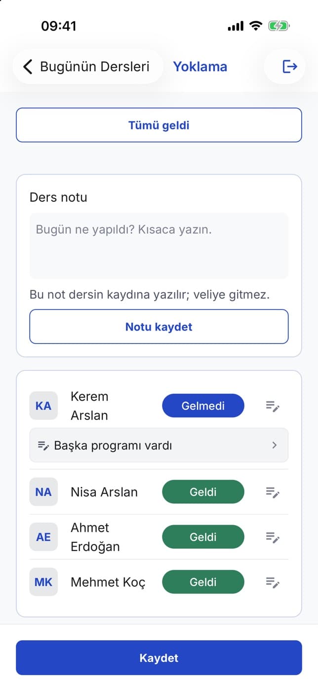 Akademio coach app: one-tap attendance with absence reasons