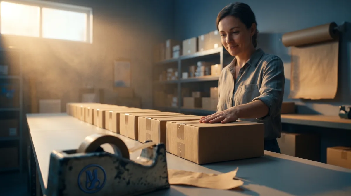 An online-store owner at her packing bench at the end of the day, one hand resting on the last sealed parcel as she looks down a long row of finished boxes — the practical result of a higher conversion rate.