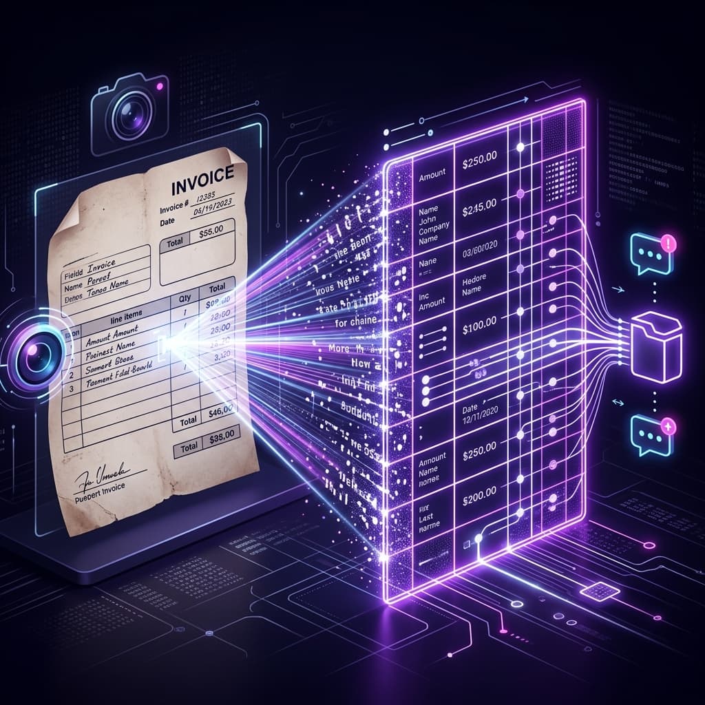 AI vision model parsing a crumpled fuel receipt photo sent via WhatsApp and extracting invoice number, total, vendor, and date into a Google Sheets accounting ledger