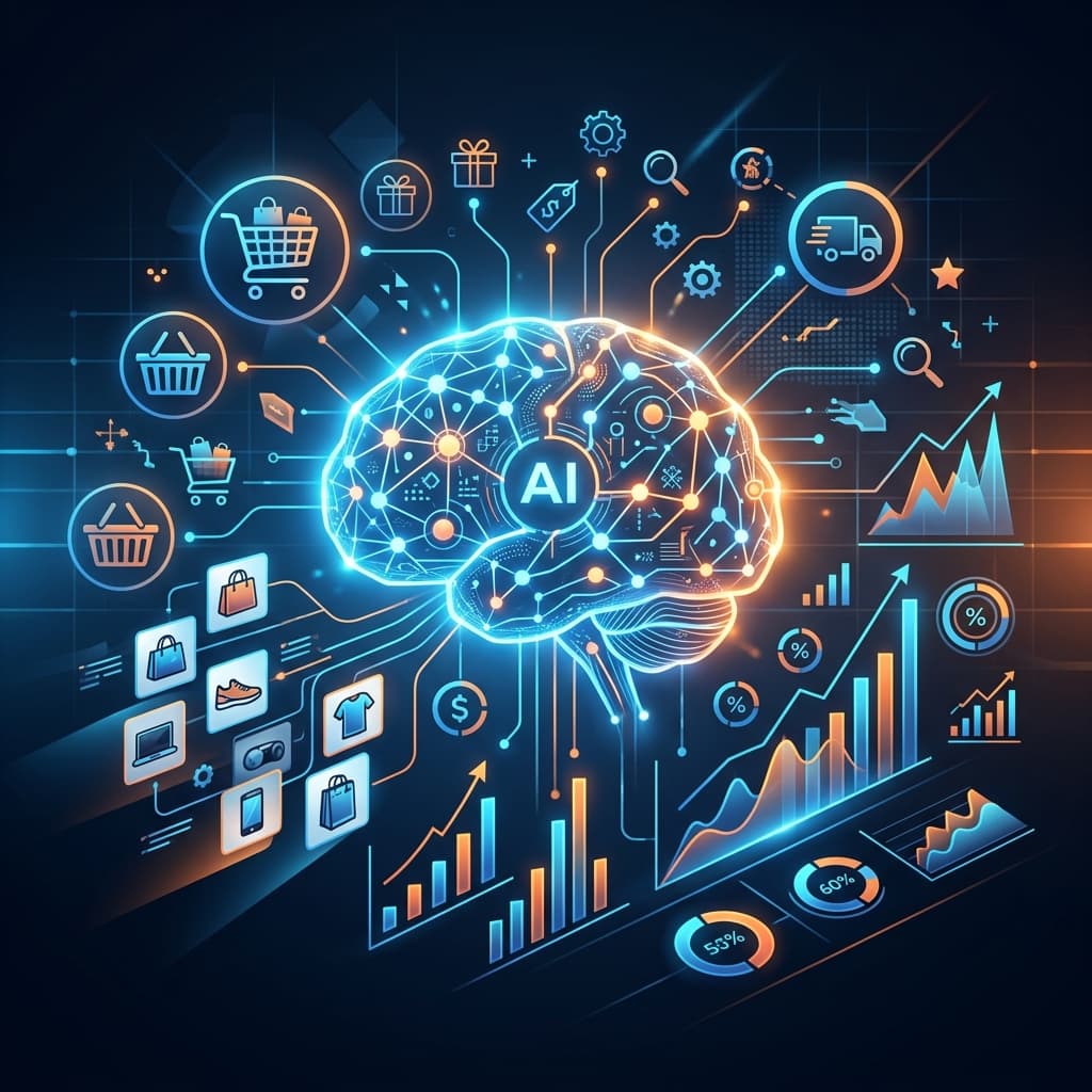 AI-powered Magento 2 storefront showing conversational shopping assistant, voice commerce interface, and automated product enrichment pipeline