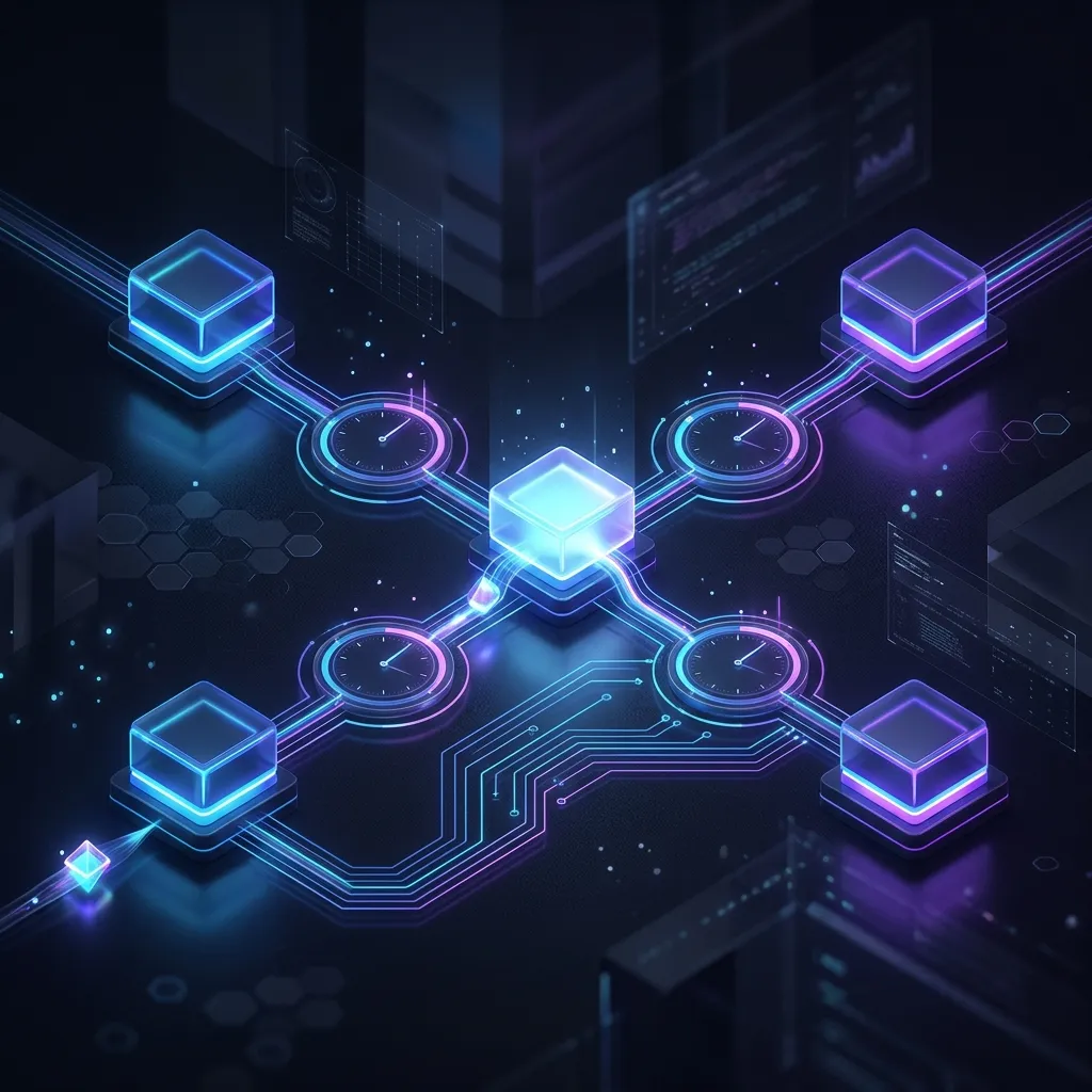 An isometric illustration of glowing cube nodes connected by circuit pathways with timer dials between them, representing a long Apps Script job split into shorter scheduled segments to beat the 6-minute execution limit