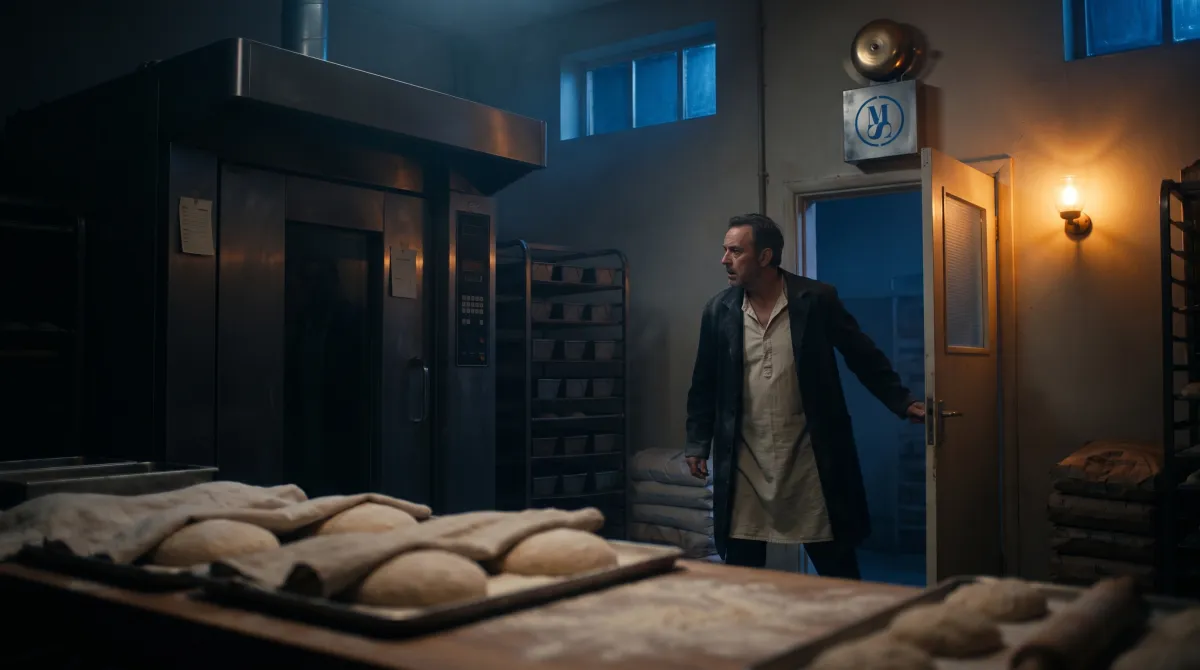 A baker steps into his bakery at night: the oven has gone out without a sound, but the alarm bell above the door is ringing, and the trays of dough can still be saved.