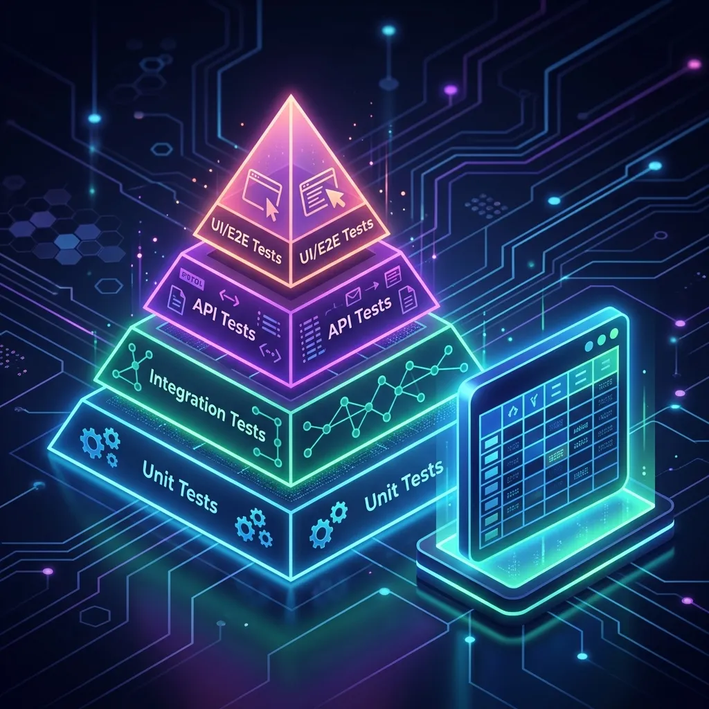 A neon four-tier test pyramid labeled unit tests, integration tests, API tests, and UI/E2E tests with a spreadsheet fixture floating beside it on a circuit-board background, illustrating the layered testing approach for Apps Script projects