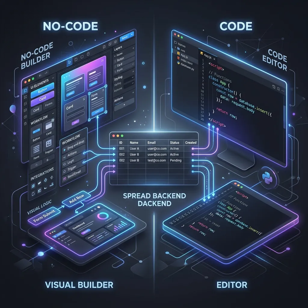 Side-by-side comparison of an AppSheet drag-and-drop visual builder on the left and an Apps Script code editor on the right, with a Google Sheet acting as the shared backend between them