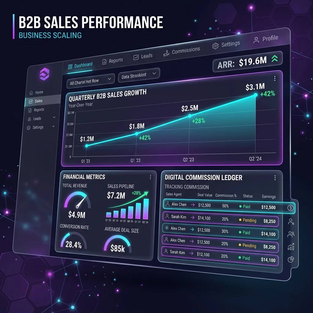 Sales commission tracking dashboard built on Google Sheets showing tiered payouts and clawbacks