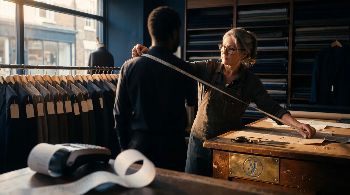 A tailor measures one customer's shoulders beside a rail of identical ready-made jackets: what fits everyone can be bought, what fits only you is made to measure.