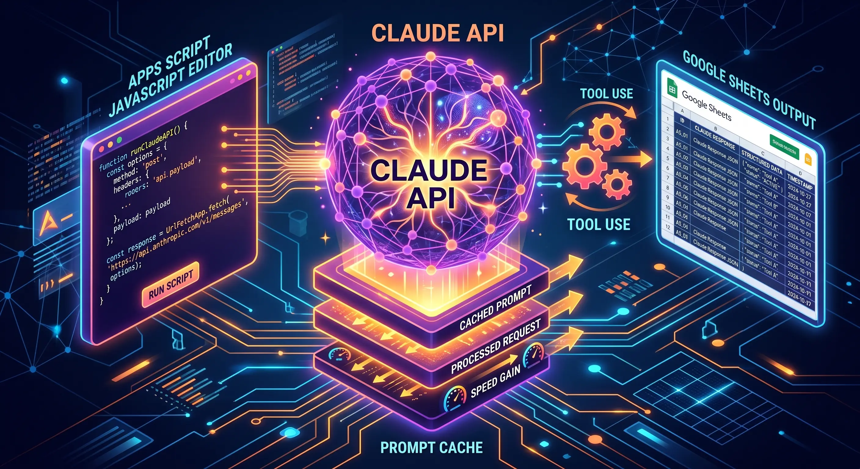 Diagram showing Apps Script calling the Anthropic Claude API, with prompt caching reducing repeated system prompt costs and tool use returning structured actions written back to a Google Sheet