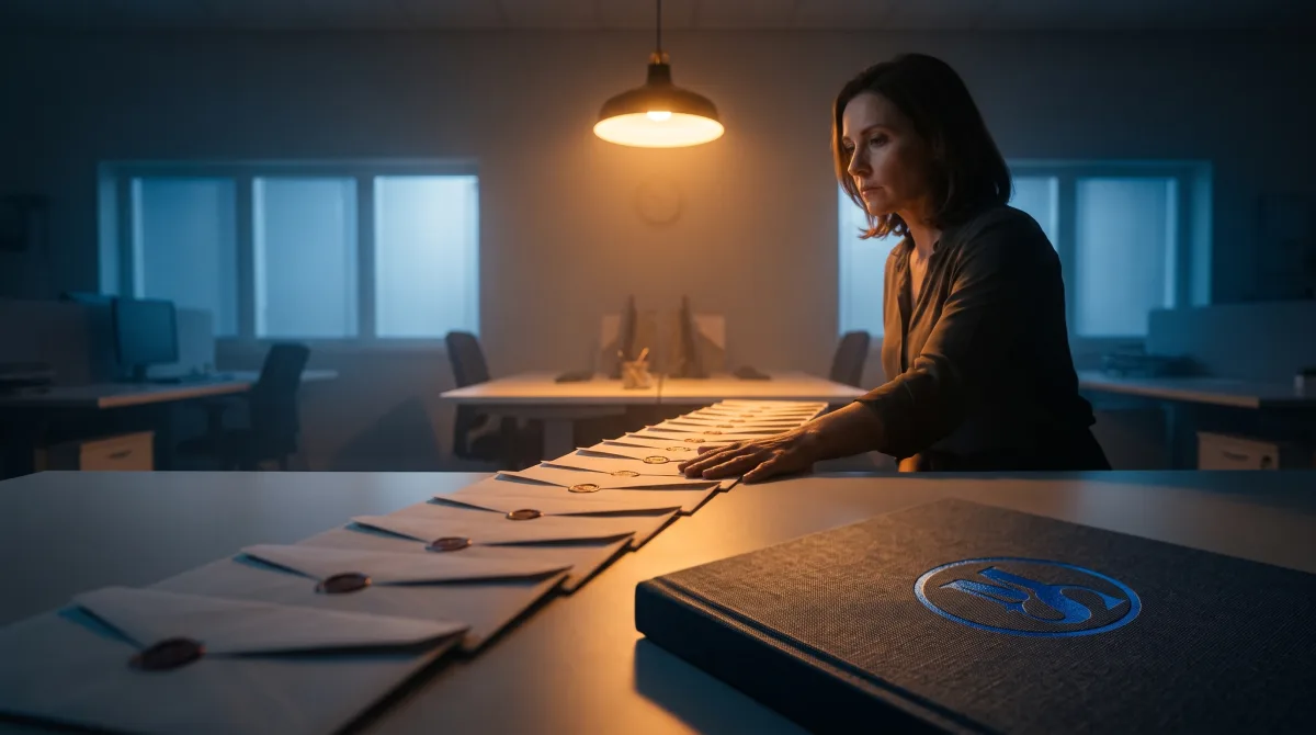 A manager standing over a desk where a row of sealed pay envelopes runs off the edge and out of frame, her hand resting on the last one — the moment one more hire stops being an abstract cost.