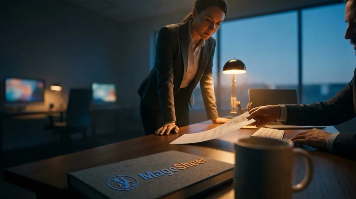 Two colleagues signing off a commission statement across a desk at dusk — the payout agreed without an argument about the numbers.