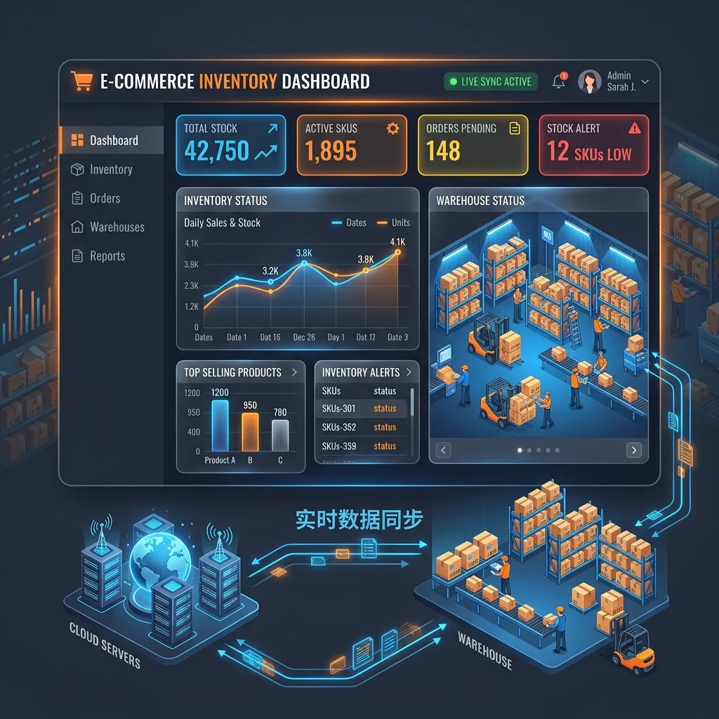 Real-time inventory dashboard in Google Sheets showing SKU stock levels, reorder points, and low-stock alerts