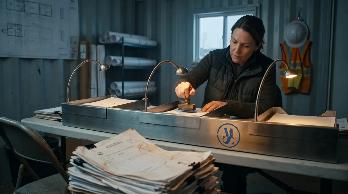 A finance officer in a site office stamping a request slip in the middle tray of a three-stage steel approval rack, a pile of unsigned paper forms beside her.