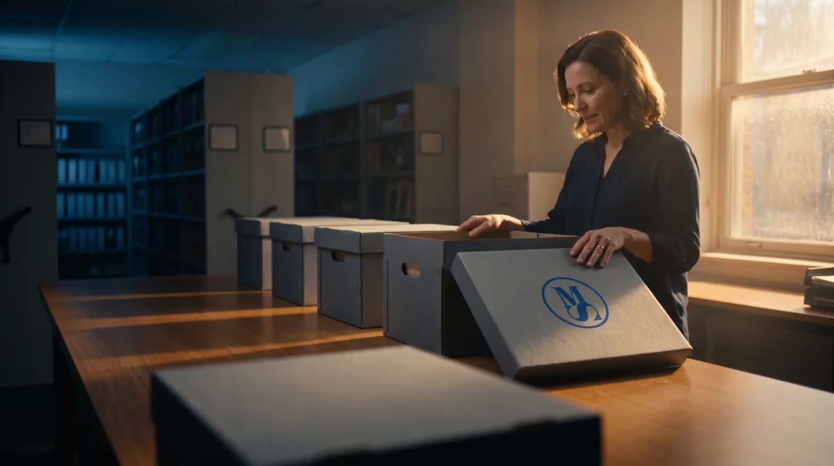 A woman in a records room lifting the lid off one of four identical document boxes and setting it flat on the table — the comparing finished and one route chosen.