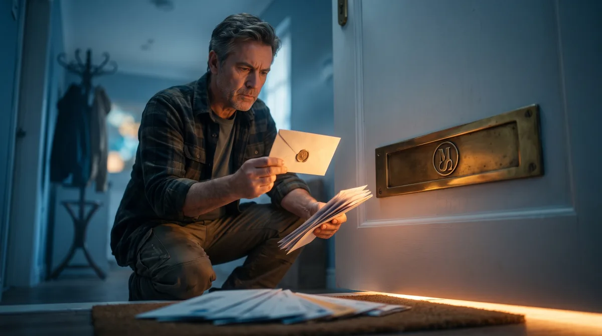 A man crouched at his front door in the early morning holding one envelope apart from the rest of the post, turning its seal toward the light before letting it any further into the building.