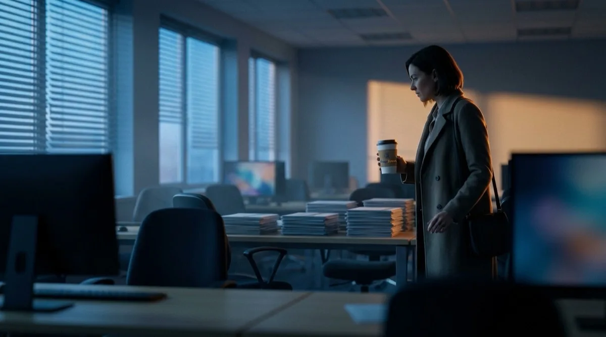 A manager arriving at a dark, empty office at first light with her coffee, finding the night's paperwork already sorted and stacked on the table.