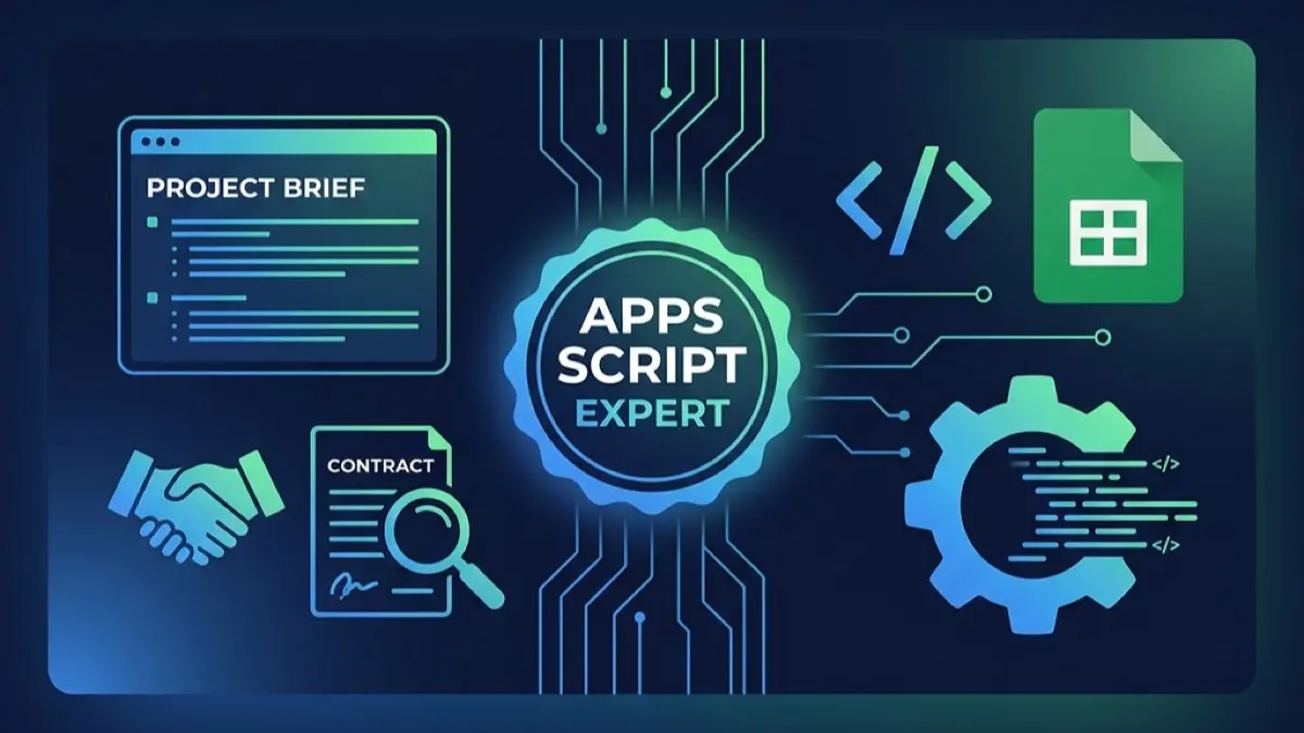 A digital project brief, contract, and handshake on the left, connecting to Google Sheets, code brackets, and Apps Script gear on the right, centered around an Apps Script Expert badge.