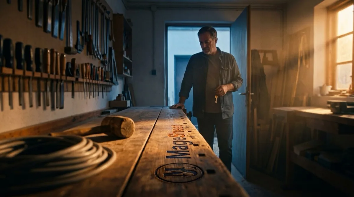 A craftsman standing at his own workbench, his mark carved into the wood and his keys in his hand — the difference between renting your tools every month and owning them outright.