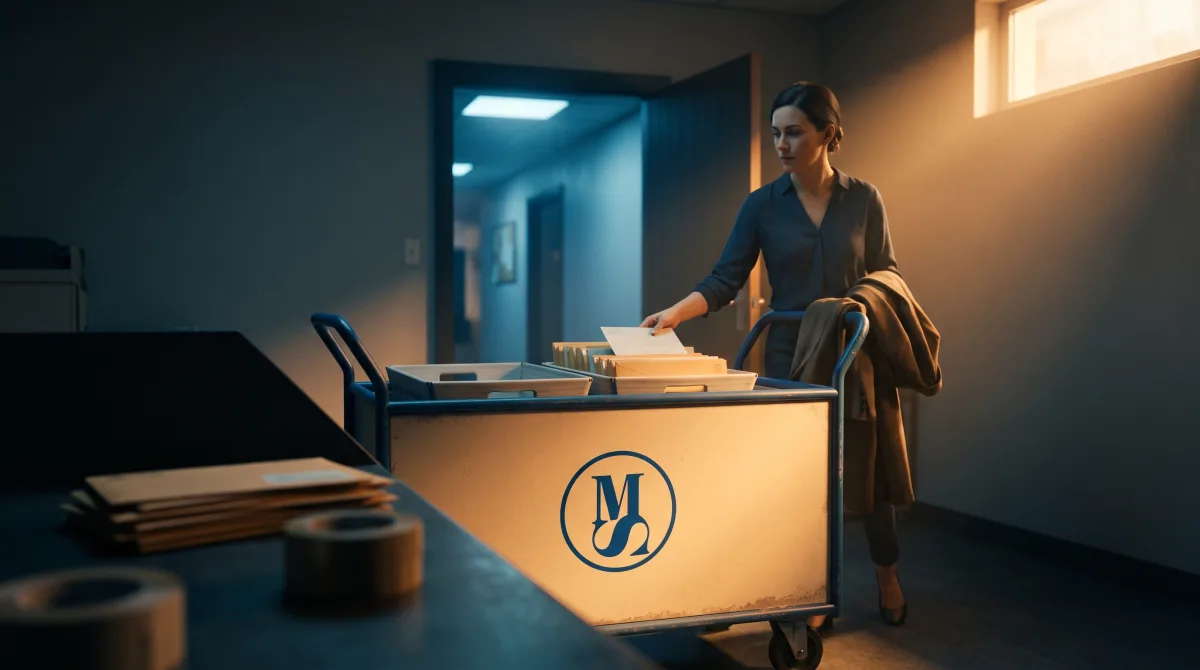 A woman in a small mail room dropping the last envelope into a full outgoing tray, the incoming tray beside it already empty and her coat over the trolley handle — the day's messages actually out of the building.