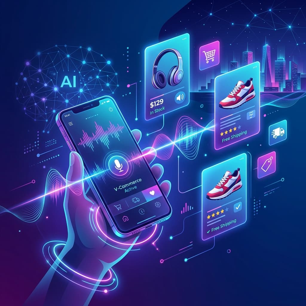 Voice commerce interface on a Magento storefront showing real-time full-duplex AI shopping assistant speaking while rendering product cards on screen