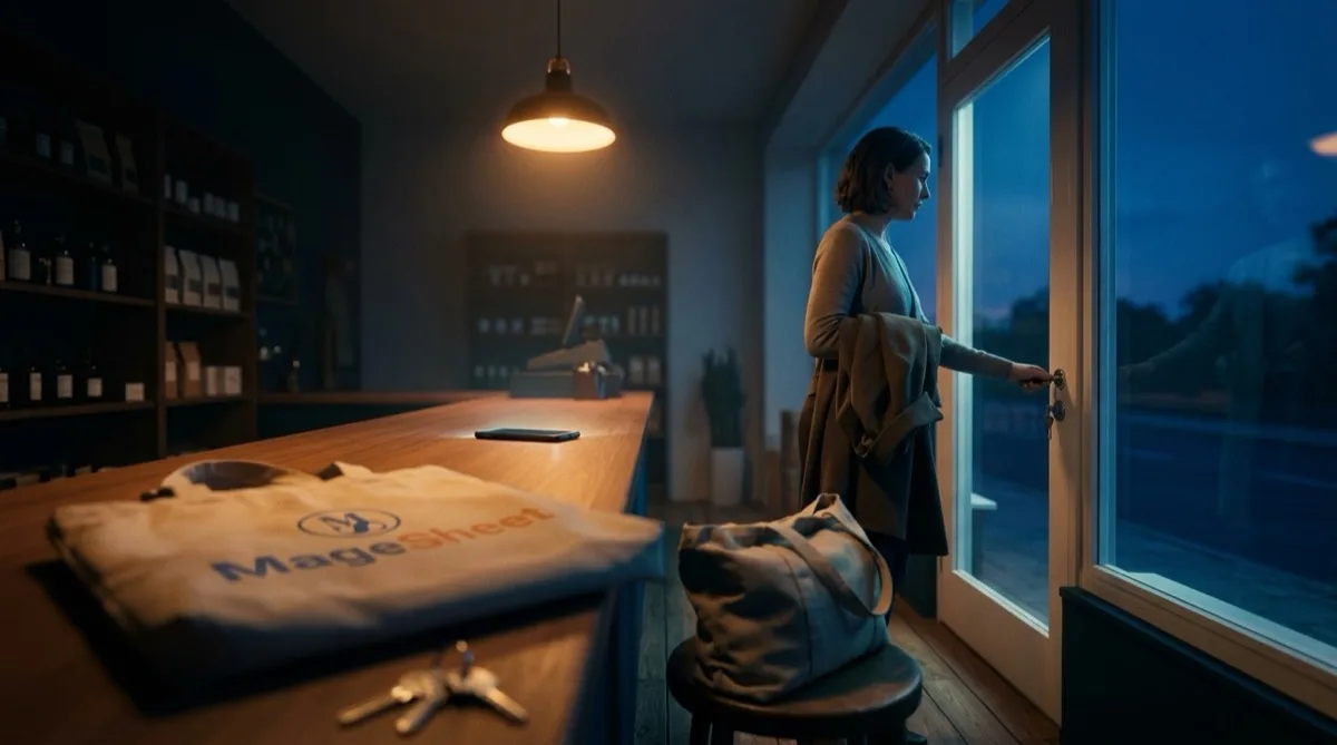 A shop owner locking up at dusk with her coat over her arm and the counter quiet behind her — the evening's customer follow-ups already handled without her.