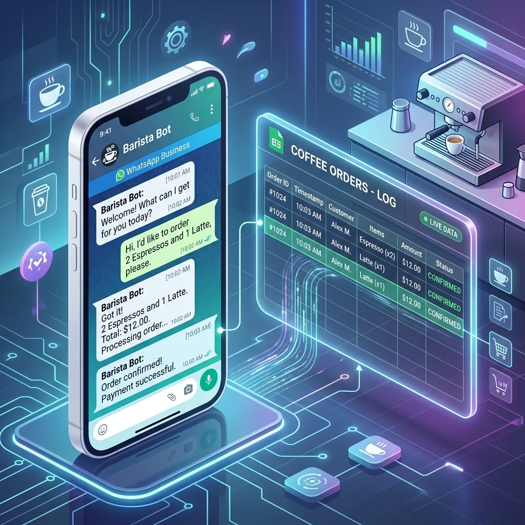 A phone showing a Barista Bot WhatsApp Business chat confirming an order of 2 espressos and 1 latte for $12, with the same order data appearing live in a Coffee Orders log next to the phone