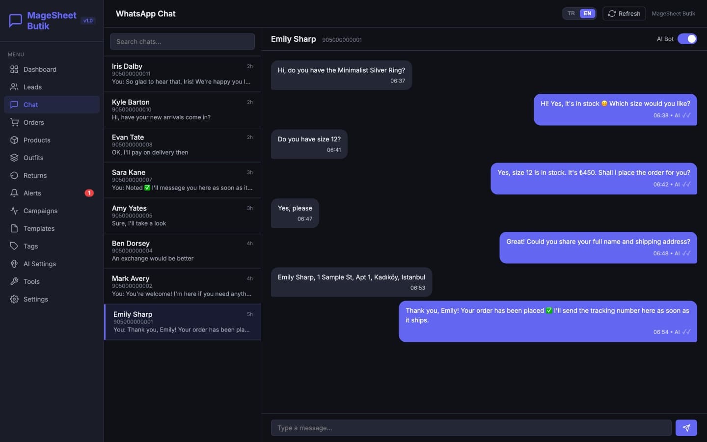 MageSheet Butik chat screen: the AI assistant takes a ring order on WhatsApp, checks the size and asks for the shipping address