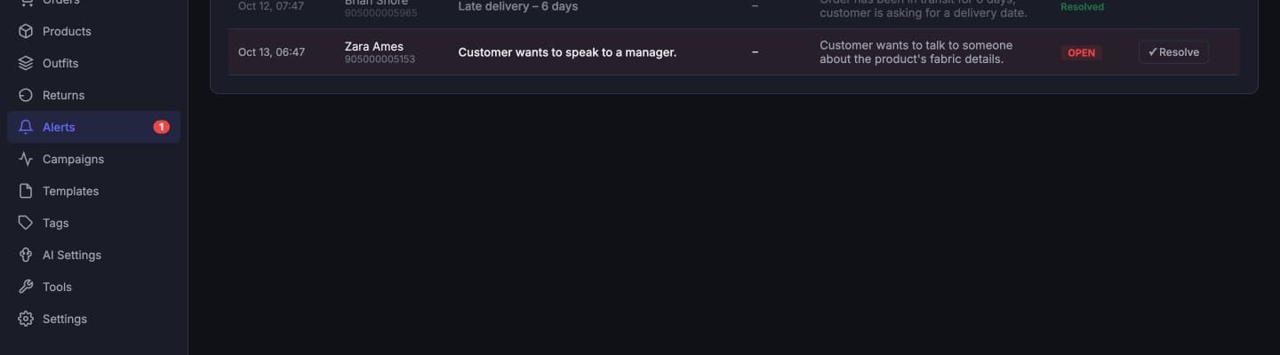 MageSheet Butik alerts screen: a customer asked to speak to a person