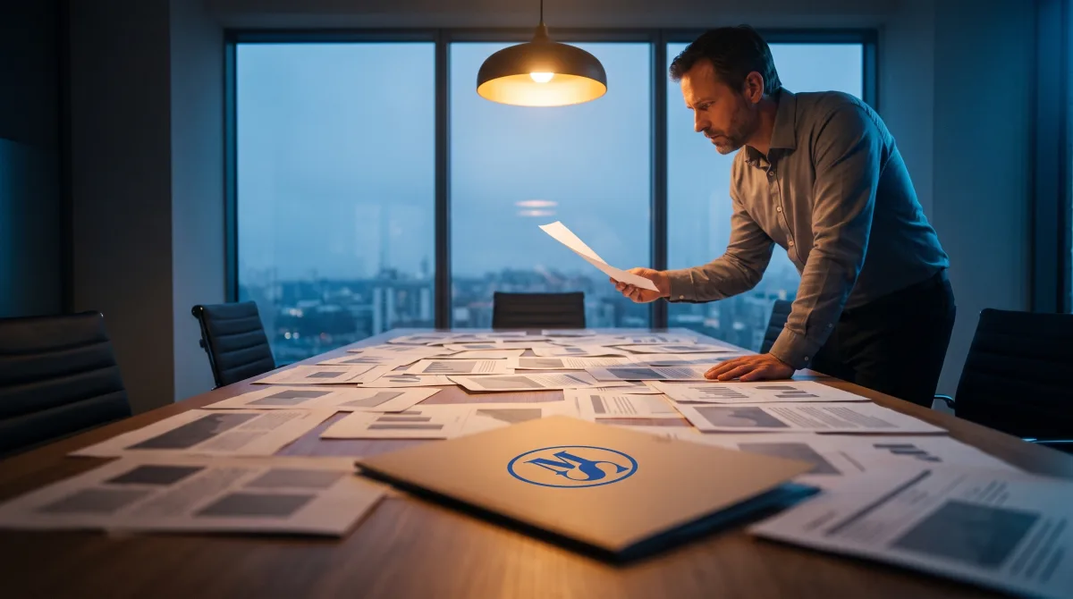 A man at the head of a boardroom table covered end to end in loose printouts, holding up the single clean page they all collapsed into.