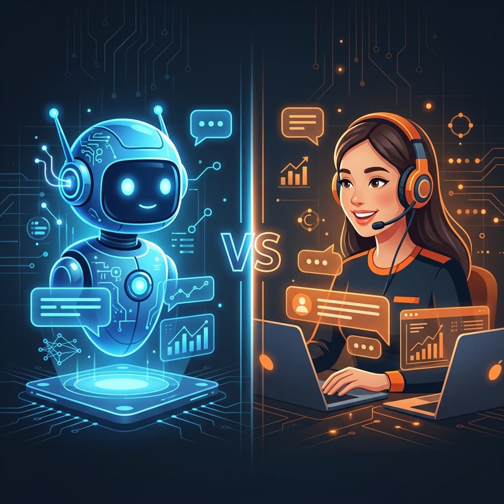 Split-view comparison of AI chatbot and live chat interfaces on a Magento 2 storefront, highlighting availability, cost per conversation, and escalation flow