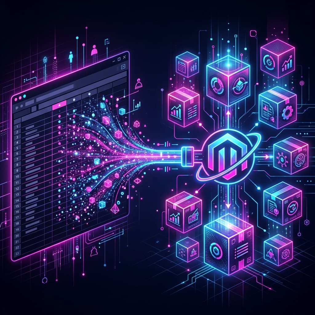 AI product enrichment pipeline transforming a raw supplier spreadsheet into a fully structured Magento 2 product listing with attributes, descriptions, and SEO metadata