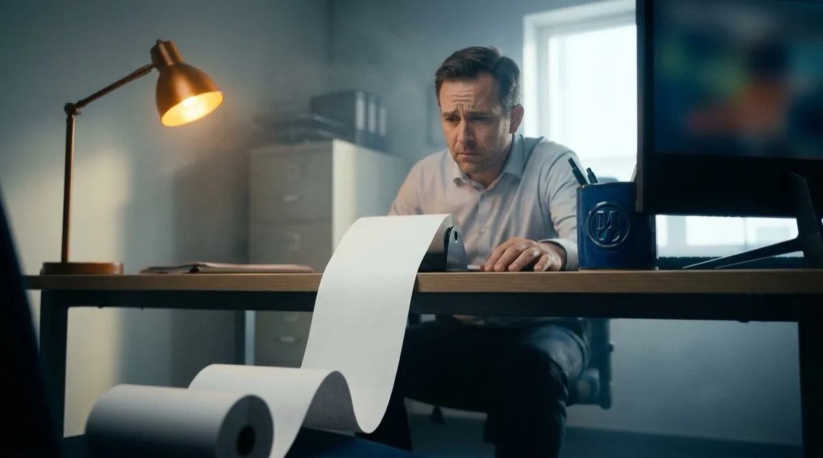 A business owner at his desk watching a receipt roll unspool off the edge and run across the floor — the per-seat bill that grows with every new hire.