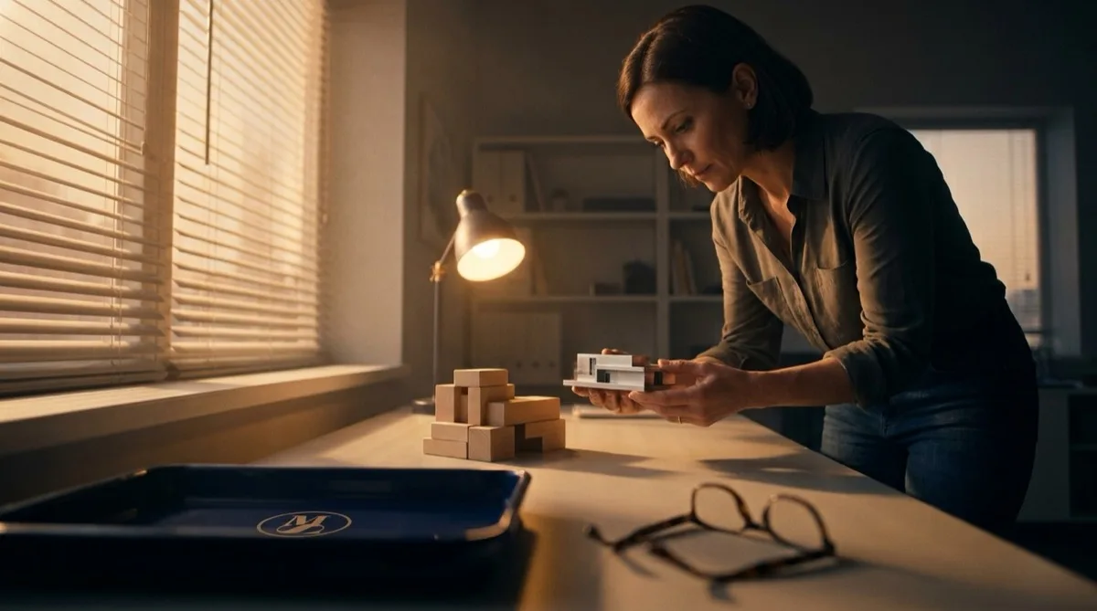 A business owner leaning over her desk under a lamp, holding a small finished assembly in both hands while a pile of loose blocks sits beside it — the difference between a platform that hands you the pieces and one that hands you the finished thing.