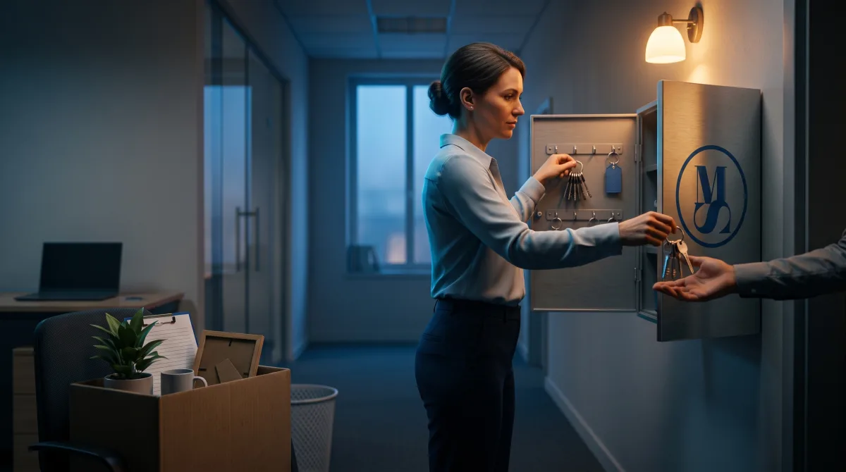 An office manager at an open key cabinet at dusk, hanging a departing colleague's keys on a tagged hook instead of throwing them away while handing a fresh set to a new hire — a desk-clearing box and an empty wastebasket behind her.