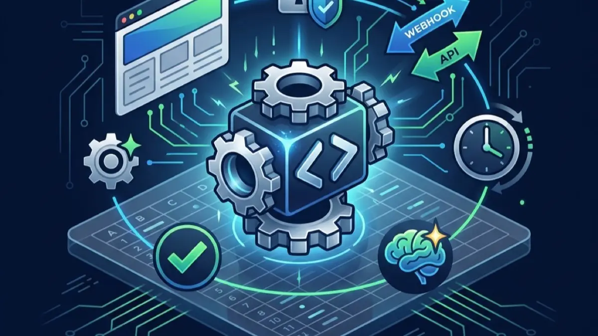 A central Google Apps Script engine surrounded by the building blocks of a production app — a web app UI, a login/lock icon for authentication, webhook and API arrows, a timer for long jobs, a test-checkmark, and an AI spark — all sitting on top of a Google Sheet.