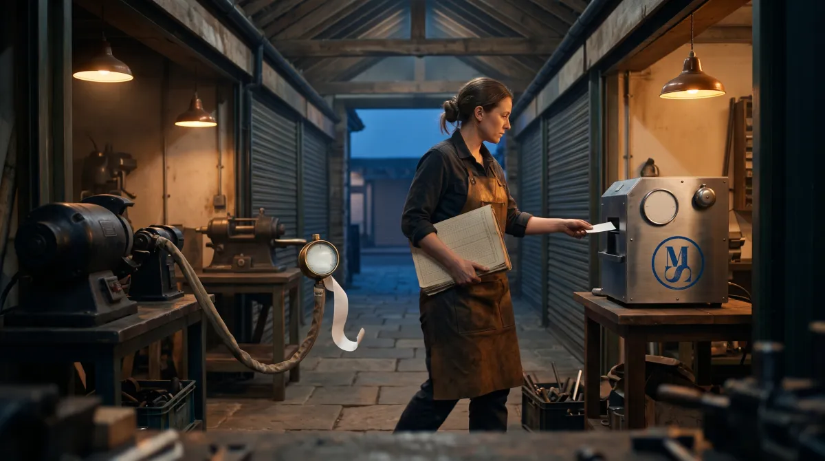 A craftswoman between two workshop stalls with a ledger under her arm, feeding a slip into a single steel machine, while the stall opposite splits the same job across two older machines and a metered hose.