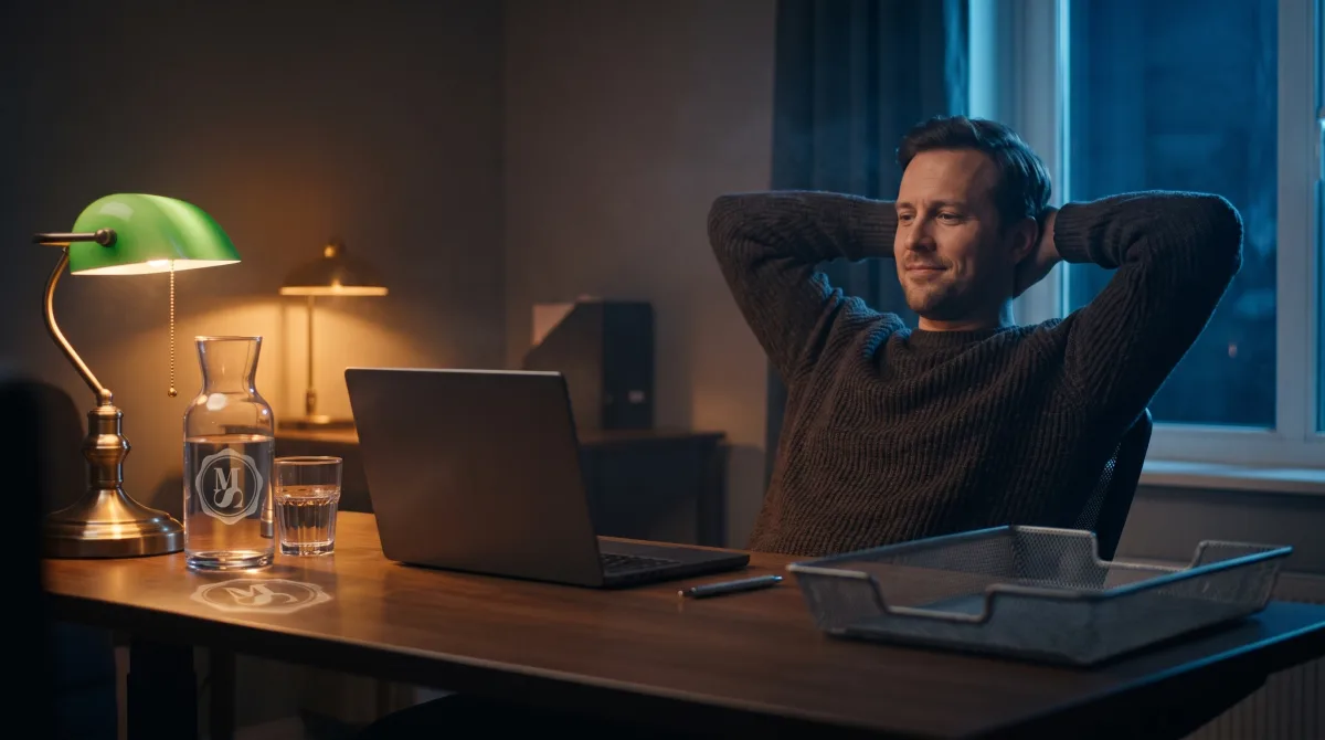 A man leaning back at his desk late in the evening, looking at the empty wire in-tray where a month of bills would normally sit.