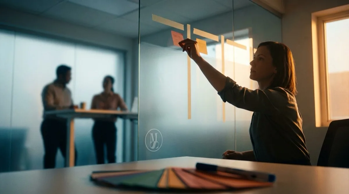 A sales manager mapping her pipeline in coloured sticky notes across a glass wall while her team works behind it — finally seeing where every deal actually stands.