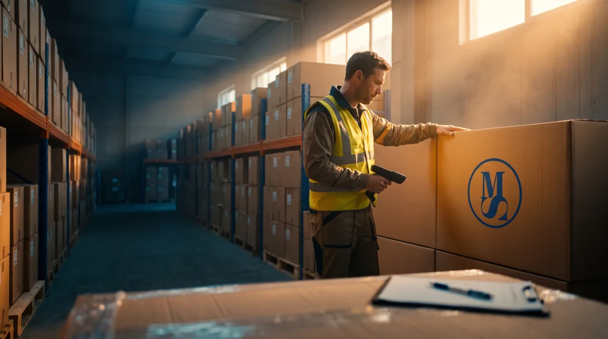 A warehouse worker in a hi-vis vest resting a hand on the last carton of the run, his scanner lowered to his side and the shelf faced flush behind him — the quiet of a stock count that finally agrees with itself.