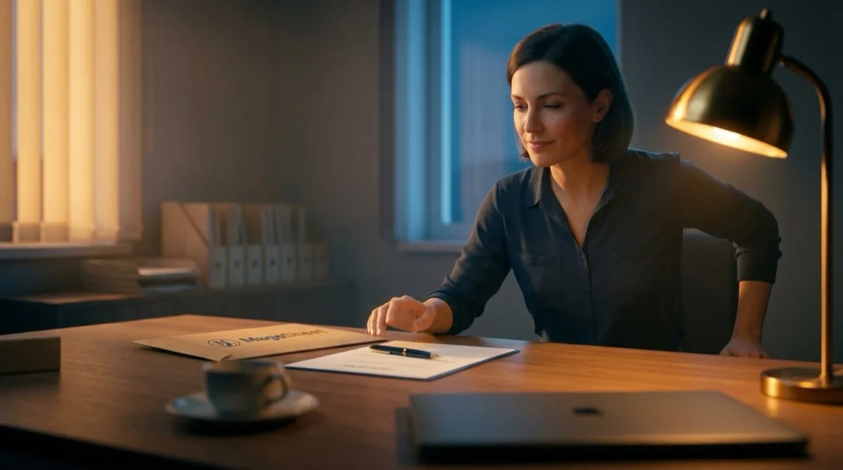 A business owner at her desk at night, sliding the last invoice of the month into an envelope by lamplight — billing finished on time instead of over the weekend.