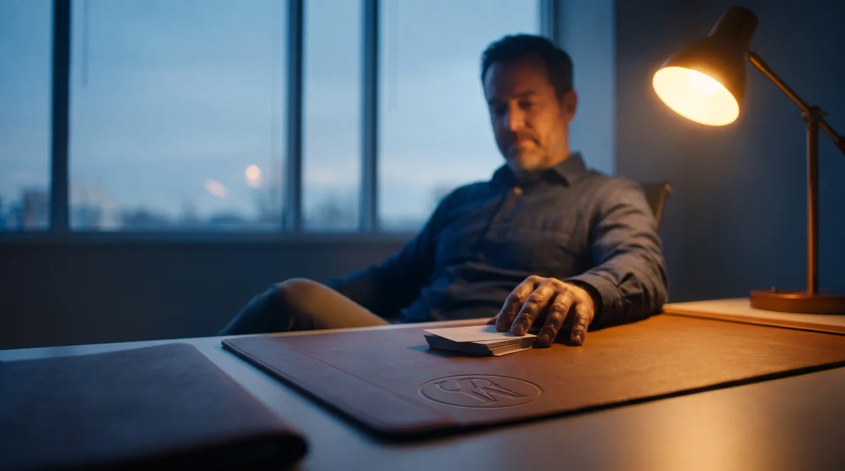A man sitting back at his desk in the blue hour with one hand still resting beside the stack of reply cards that came back to him, the top one turned face up — finding out what happened to what he sent.