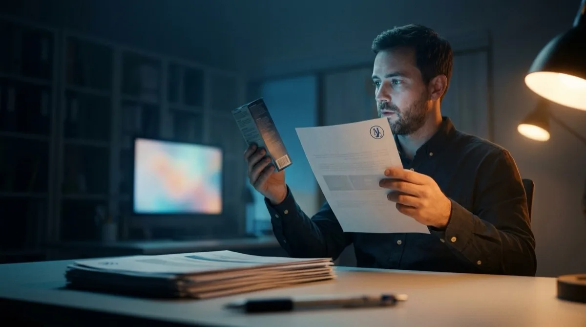 A man holding a product box up beside a printed spec sheet at his desk, checking the claim himself before he trusts it — the pause a grounded answer removes.