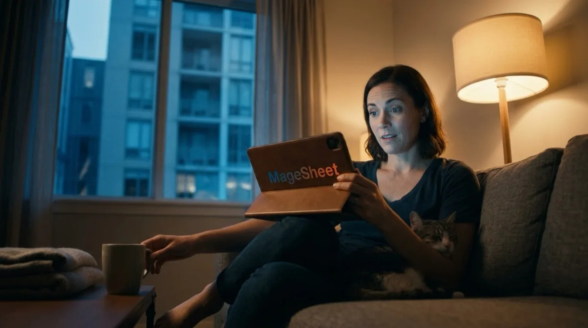 A shopper on her sofa late at night with her cat asleep beside her, getting a real answer from a store's chat at the hour when nobody is on shift.