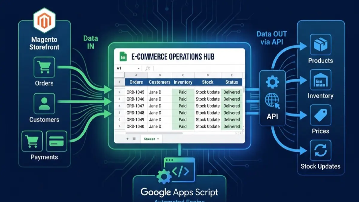 A Google Sheet acting as the operations hub for a Magento 2 store — orders flowing in via webhooks on one side, bulk product and price updates flowing out through the REST API on the other, with Google Apps Script as the engine in the middle