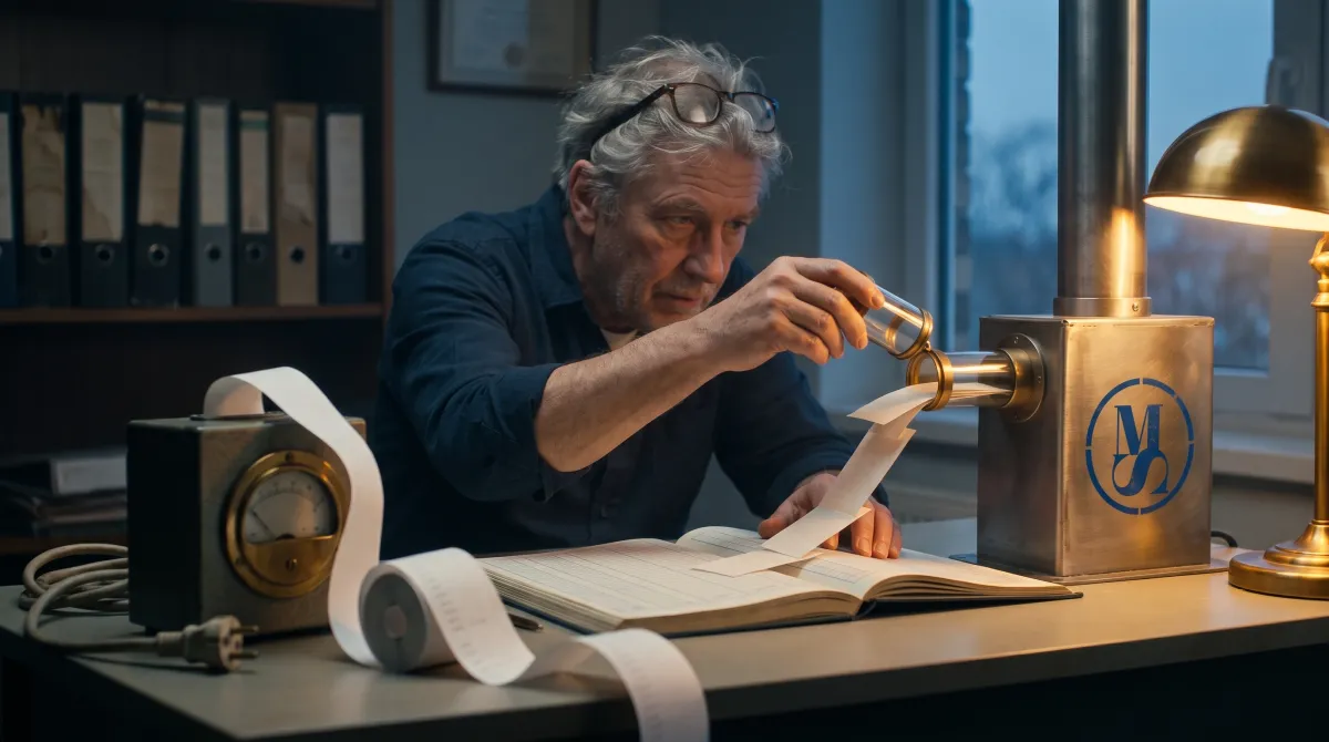 A bookkeeper lifting a capsule from a pneumatic tube on a steel unit and tearing off only the changed slips into an open ledger, an unplugged metered tape machine on the desk.