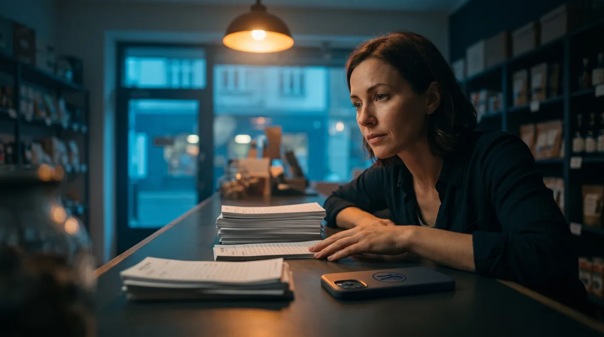 A shop owner after closing sorting order slips into two piles, one clearly taller than the other, her phone lying face down beside her hand — seeing which conversations actually turned into work.